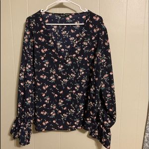 Feminine and Flowy Navy Blue Floral V Neck Blouse